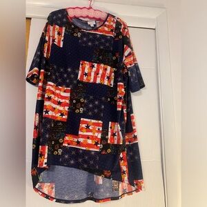 LuLaRoe Irma Top Shirt Size XL Blue, Red, White, Gold
